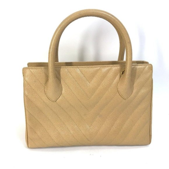 CHANEL Chevron V-Stitch Vintage Tote Bag Hand Bag Caviar Leather Beige